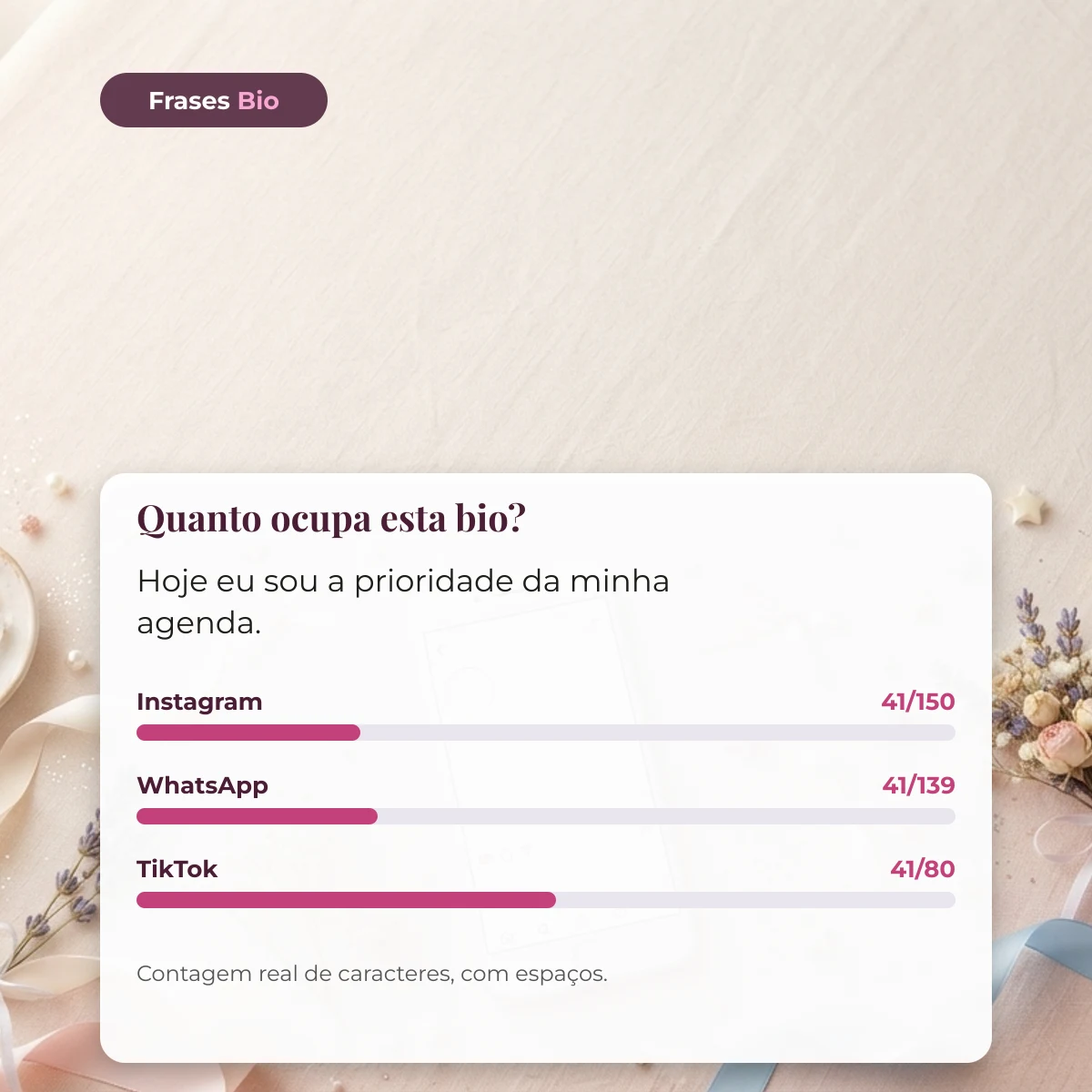 Bio feminina e quanto ela ocupa no Instagram, WhatsApp e TikTok