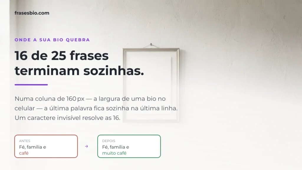 Comparação de uma frase de bio antes e depois do espaço sem quebra