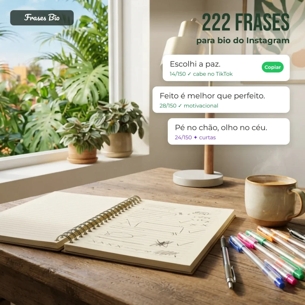 Frases para bio do Instagram com contador de 150 caracteres e botão de copiar na Frases Bio